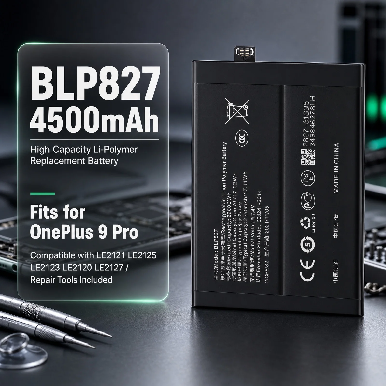 BLP827 4500mAh Replacement Li-Polymer Phone Battery for OnePlus 9 Pro LE2121 LE2125 LE2123 LE2120 LE2127 with Repair Tools
