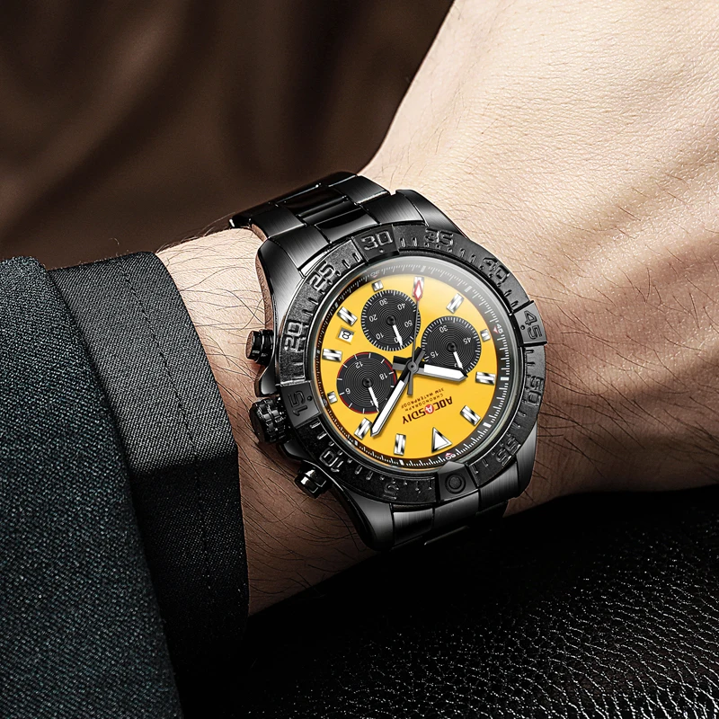 Men's watch, three eye six pin steel strap watch, luminous calendar, quartz watch