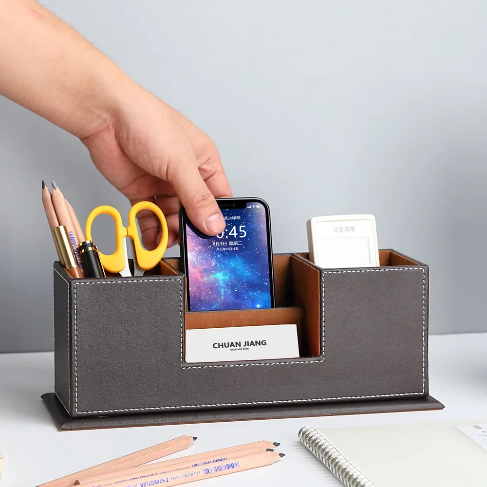 Leather stationery Wooden pen holder Multi-functional business card holder Desktop storage box Fashion office supplies gifts