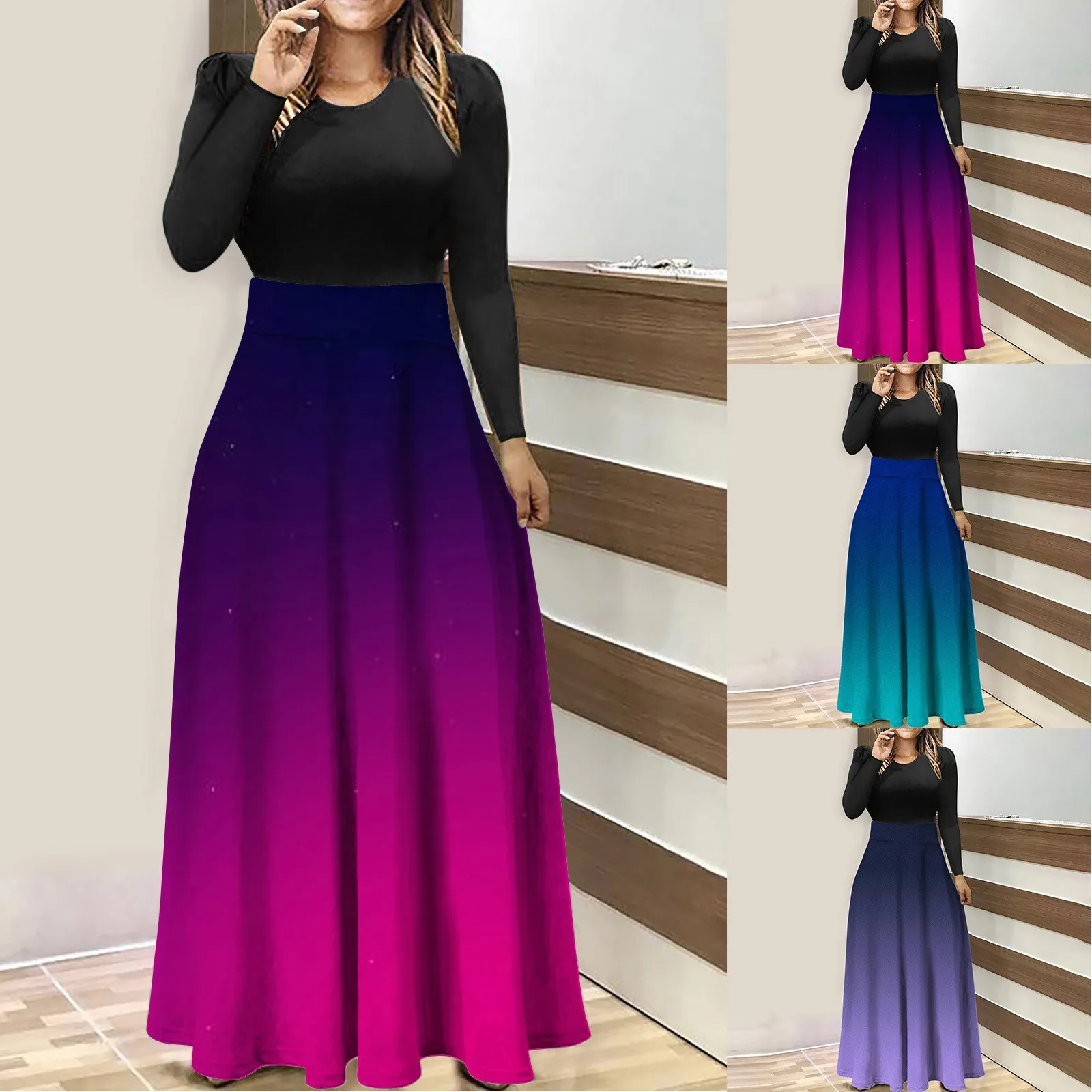 

Womens Casual And Fashionable Printed Round Neck Long Sleeved Patchwork Long Skirt Dress Ruffle Dress Women Fitted Dress