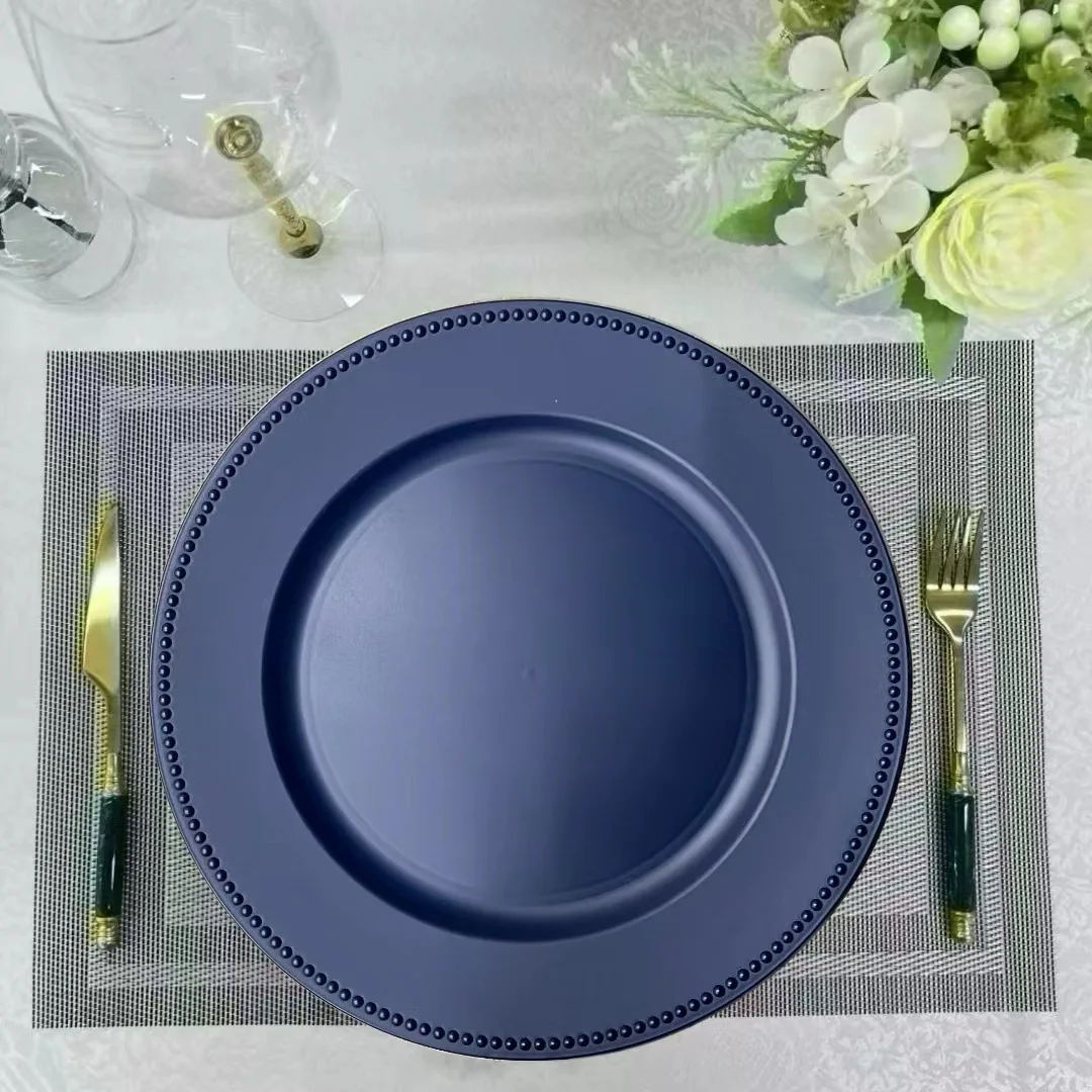 50pcs/Bag 13inch Round Blue Plastic Charger Plates Dinner Wedding Decorative Serving Dishes Set For Hotel Supplies GRP021