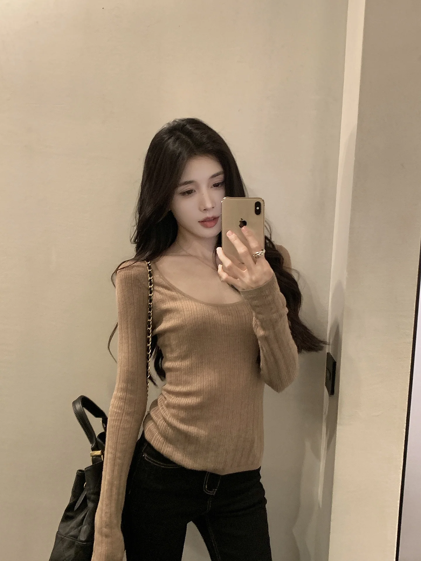 

Женская приталенная трикотажная кофта He Chenxi с U-образным вырезом, шерстяная, базовая, верхняя одежда, с длинным рукавом, из полиэстера и спандекса, осень-зима, новинка