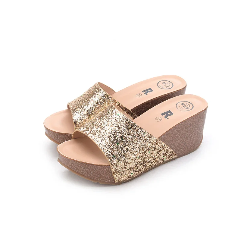 7cm High Heels, Beach Shoes Thick Bottom Platform Sandals Women Glitter Wedges Summer Sandles