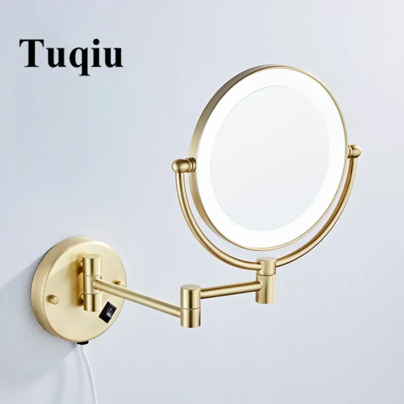 Dressing Mirror 8 Inch Two Side 3X /1X Wall Mounted Brushed Gold LED Mirror Folding Makeup Mirror Cosmetic Mirror Lady Gift