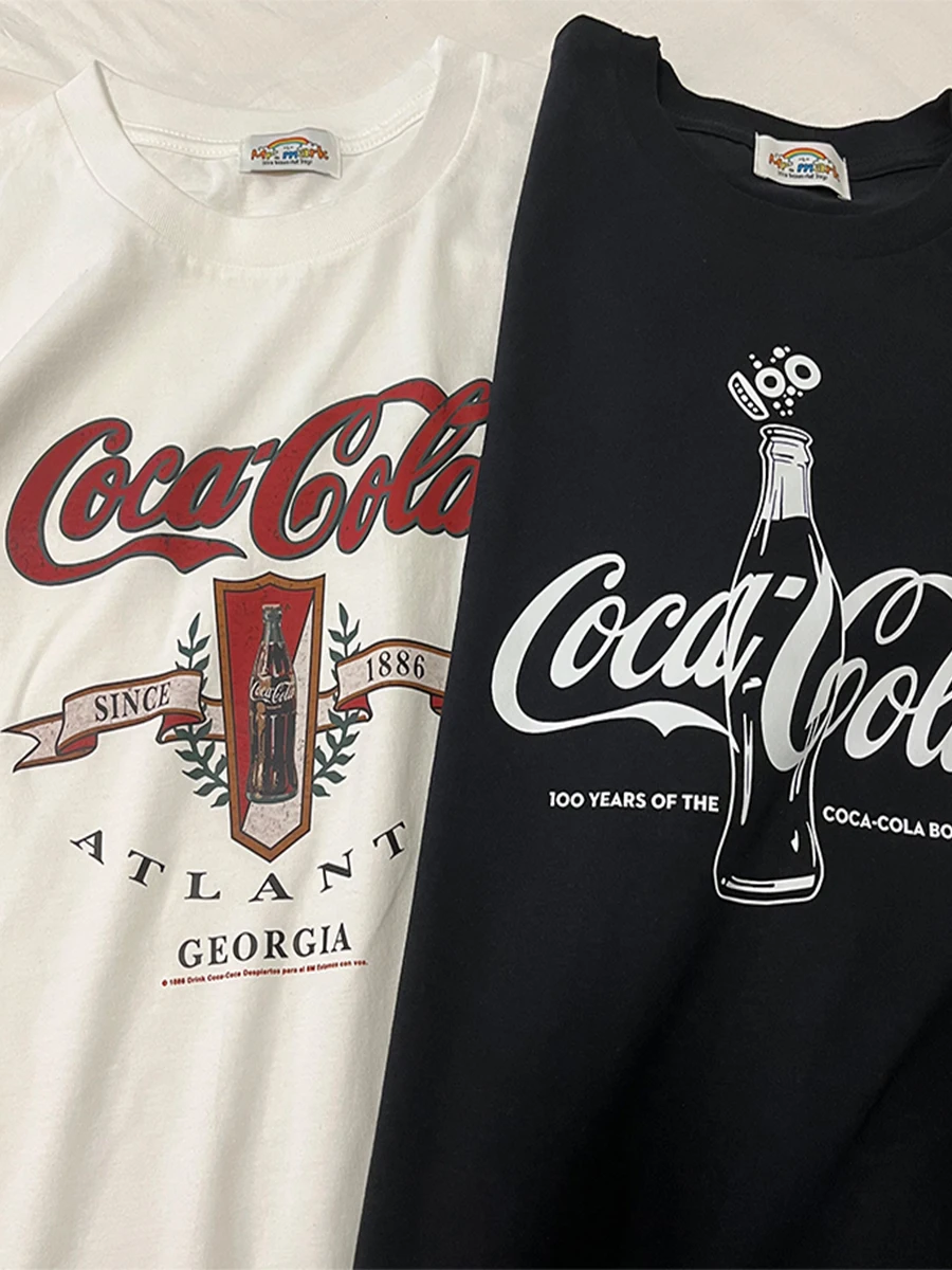 Camiseta de Manga Corta Coca-Cola de Algodón Puro, Unisex, Talla Grande, Estilo Casual, Cuello Redondo, Estampado, Corte Holg...