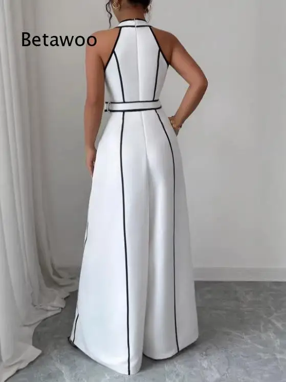 Women French Stripe Sleeveless Jumpsuit V Neck Black White Color Block Wide Leg Pants Waist Cinching Relaxed Outfit For Daily W