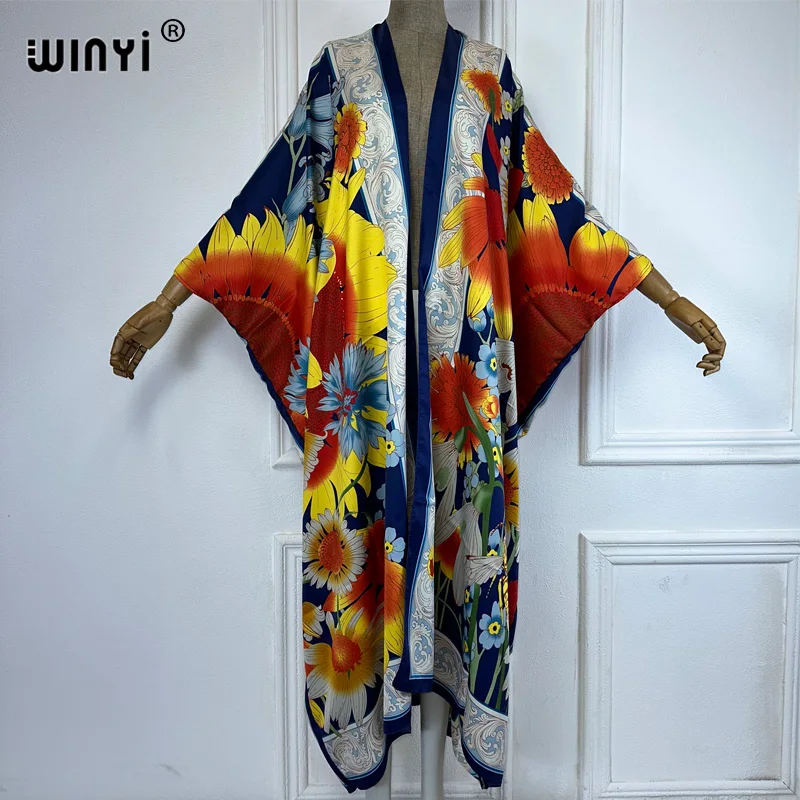 WINYI kimono boho print cardigan Women elegant Maxi sexy beach outfits kaftan dresses womens cover-ups africa clothing abaya