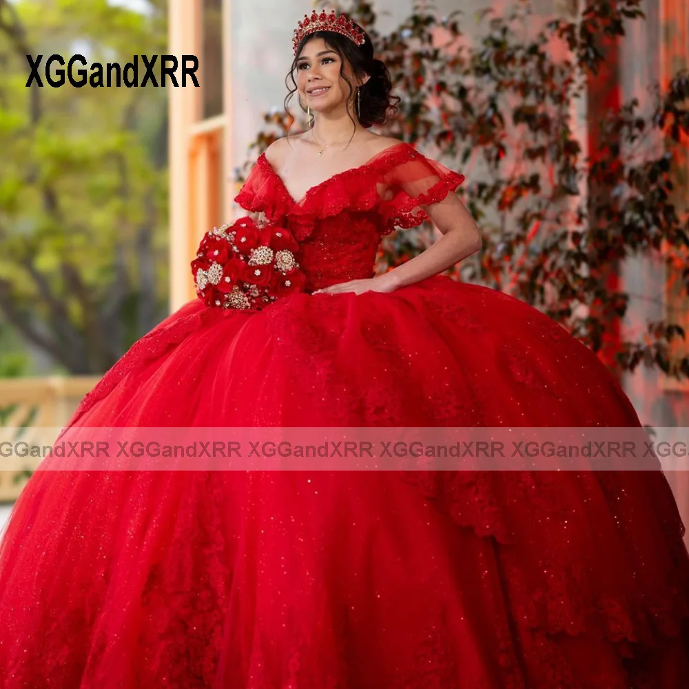 Elegant Red Quinceanera Dresses 2024 V Neck Birthday Party Princess Sweet 16 Dress Prom Gown Appliques Vestidos De 15 Años XV