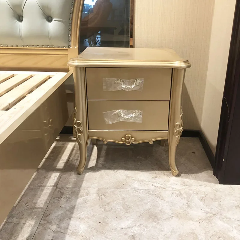 European solid wood bedside table, small apartment, bedroom, two bedside cabinets, champagne gold storage cabinet, complete