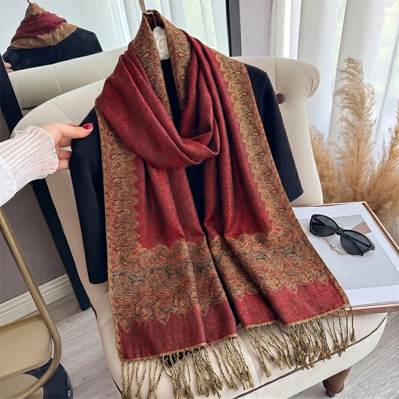 Burgundy Gold Paisley Jacquard Scarf Women Tassel Trim Cashmere Feel Shawl Wrap Vintage Scarves For Autumn Winter Travel Gift