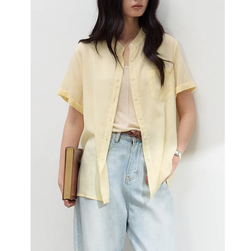 

Летняя женская рубашка из лиоцелла и льна с коротким рукавом, на пуговицах, с воротником, однобортная, дышащая, в корейском повседневном стиле