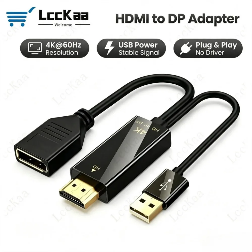 4K@60Hz HDMI-compatible To DisplayPort Cable DP To HDMI Converter Adapter with USB Power for Gaming PC Laptop PS5 Xbox Monitor