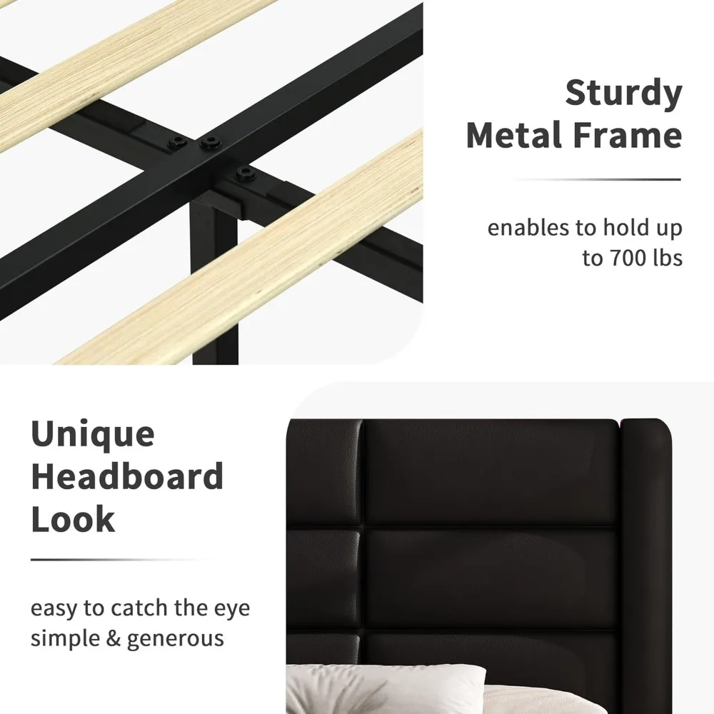 سرير حديث منجد من الجلد الصناعي مع لوح رأسي وأضواء LED ودعم شرائح خشبية للاستخدام الثقيل