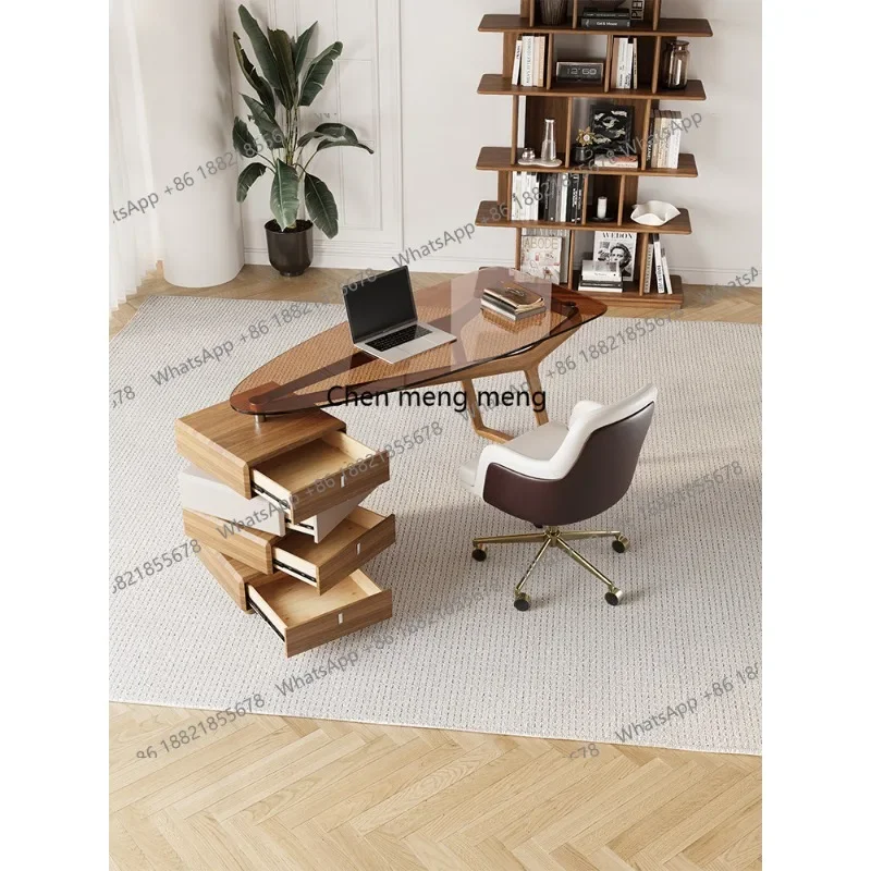 

DD Light luxury high-end solid wood desk rotating drawer tempered glass study table