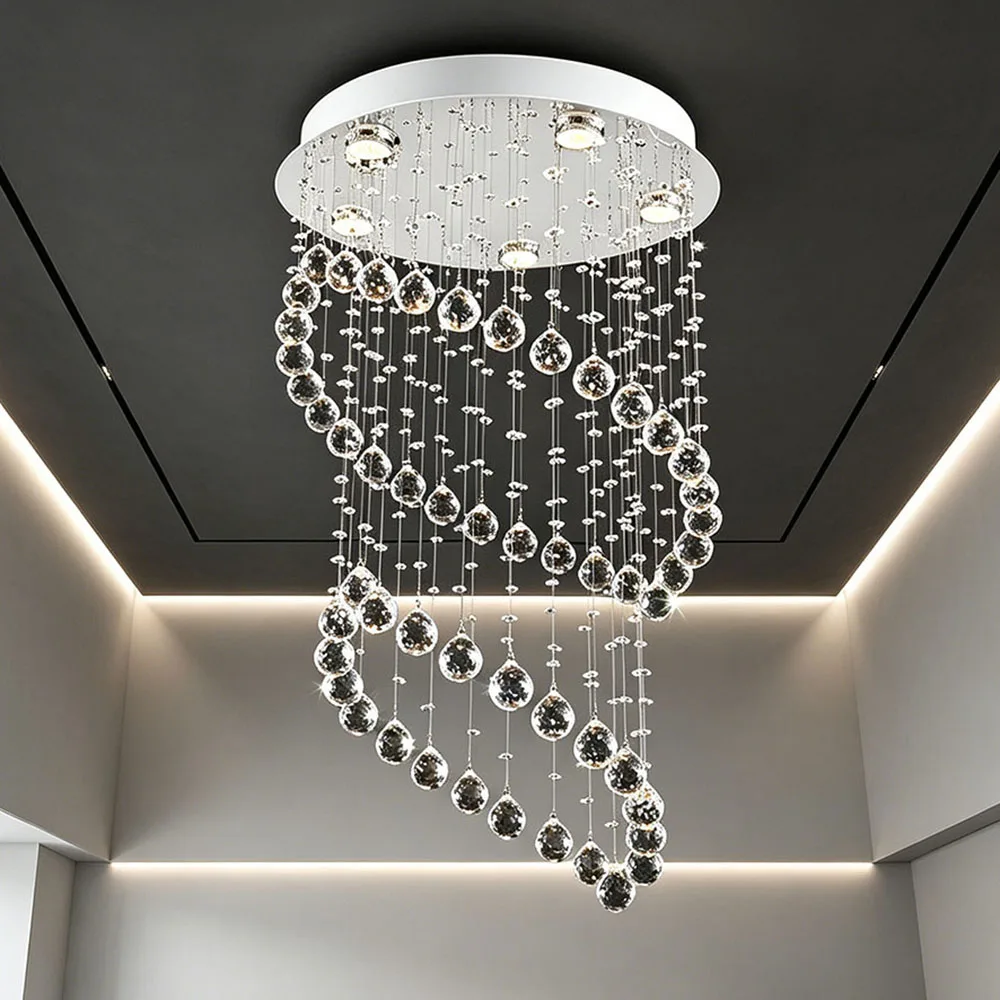 Luxury Spiral Vertical Crystal Chandelier Modern Long Water Drop LED Pendant Light High Ceiling Lamp For Villa Duplex Stair