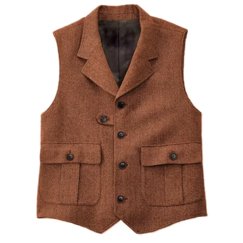 Notch Lapel Herringbone Tweed Men Suit Vest Retro Multi Pockets Waistcoat Vintage Hunting Gilet Formal Wedding Vest