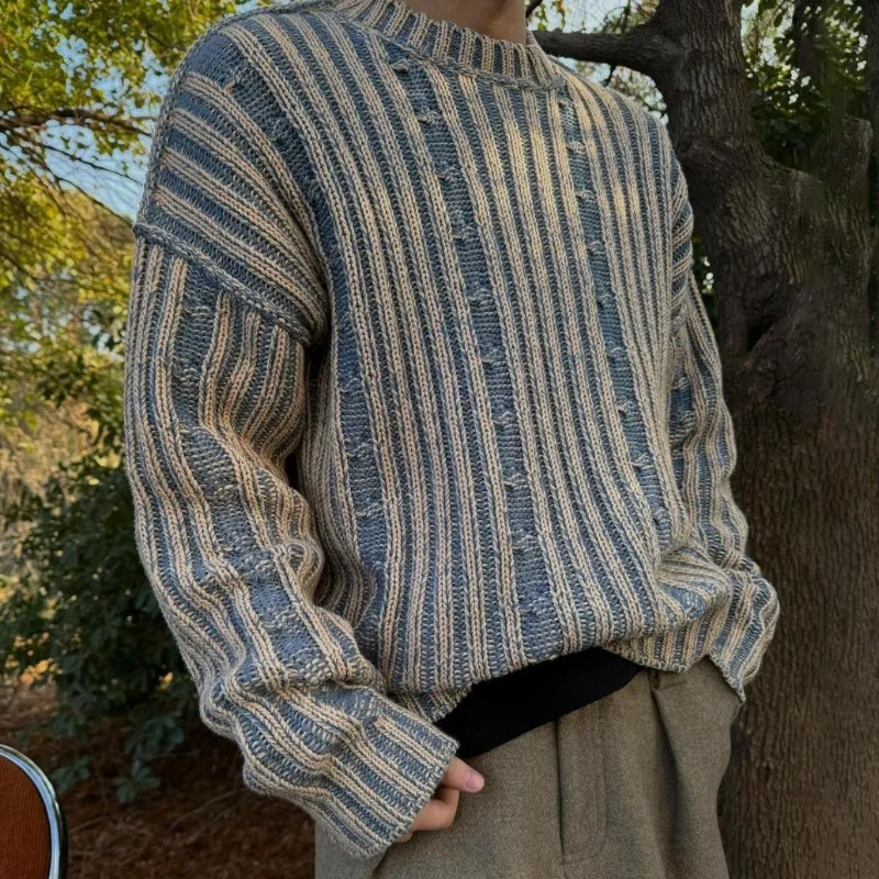 Niche Mixed Color Knitted Sweater Men Japanese Style Retro Striped Contrasting Round Neck Pullovers Couple Casual Losse Jumpers