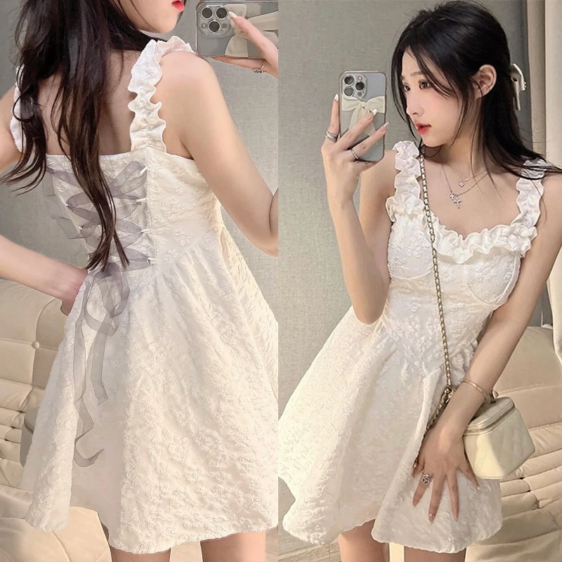 Korean INS Style Solid Color Women Dress Lolita Elegant Sweet Lace-up Fairy Princess Party White Dresses