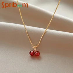 Red Cherry Pendant Necklace for Women Korean Luxury Clavicle Chain Necklaces Temperament Accessories Alloy Female Jewelry Gifts