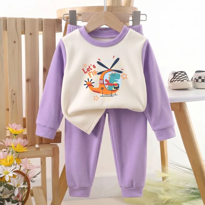 2026 Autumn and Winter Fleece Warm Boys Casual Comfy Pajamas Kids Long Sleeve Home Clothing Suit Girls New Soft Sleepwears