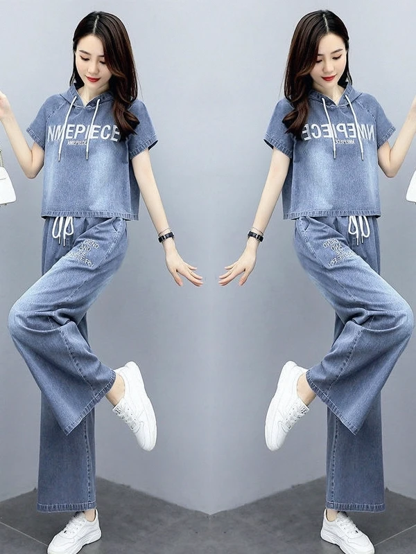 Retro Hong Kong Sle Women's Denim Wide Leg Pants Set Slimming Summer 2025 New Faion Two Piece Set Casual Comfortable