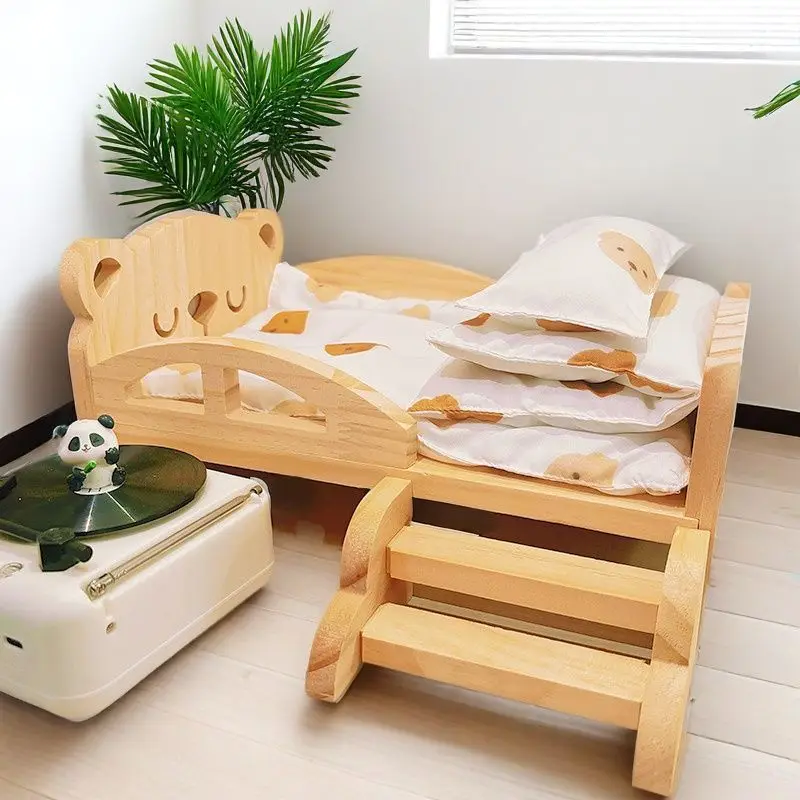 per labubu Cotton Doll Bed 30 cm Set di mobili stile principessa per giochi immaginari Biancheria da letto per bambole Giocattolo per lettino in legno in due pezzi