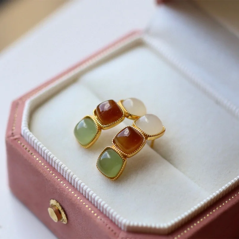 Natural Multi-Treasure S925 Silver Inlaid Hetian White Sugar Green Jade Earrings