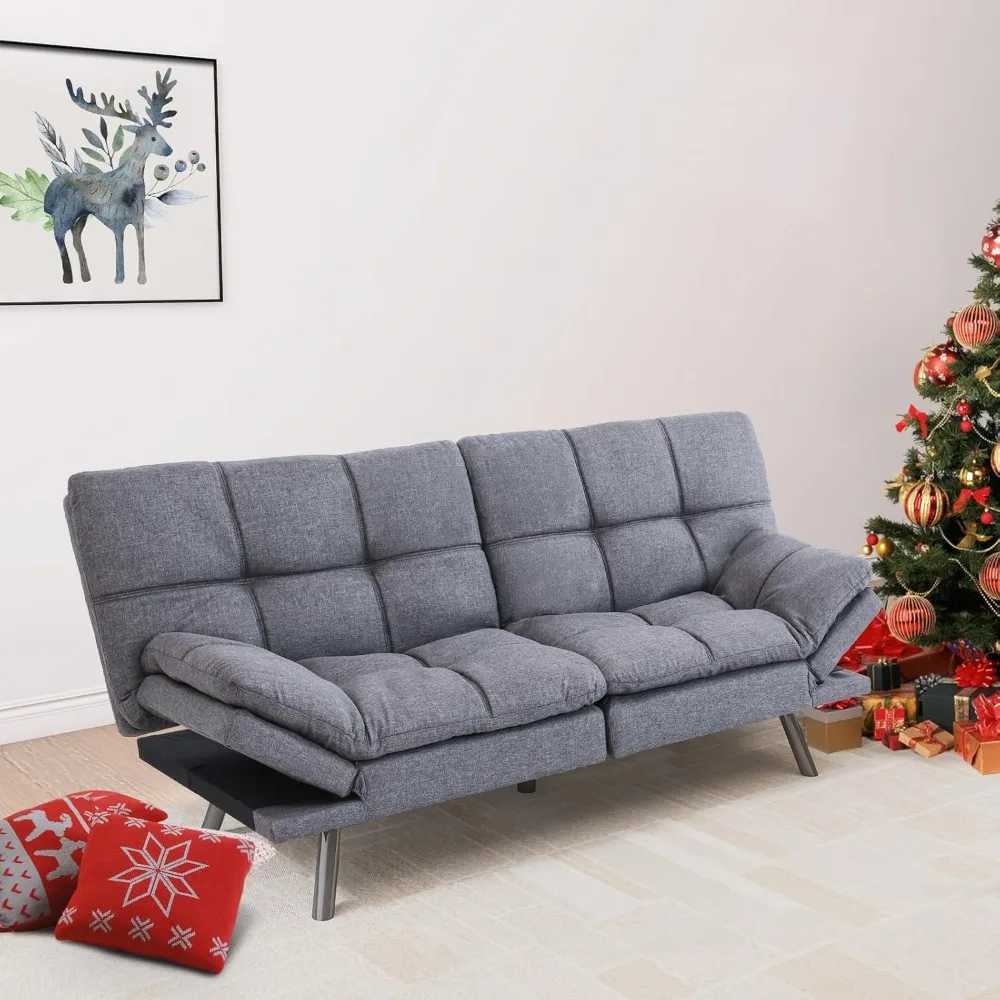 Convertible Splitback Futon Sofa Bed for Living Room, Office, Apartment - Memory Foam Sleeper Loveseat, Modern Small Couch