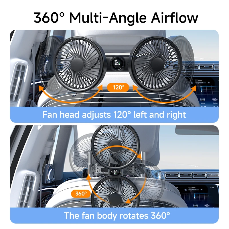 New Model Dual-Head Car Fan USB-Powered Rear Seat Fan with Multi-Angle High-Powered Mount and Rechargeable Battery
