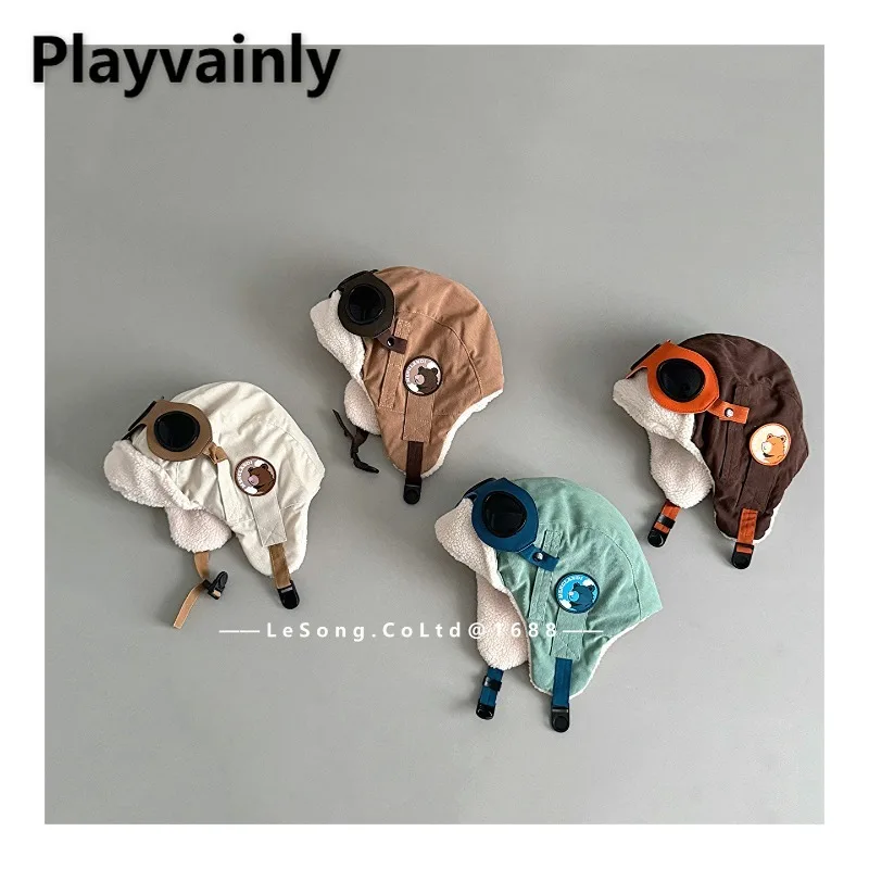 Gorro de invierno para niños con parche de oso, gorros de bombardero gruesos de lana para niños y niñas, gorro de esquí con protección para los oídos a prueba de viento H1544