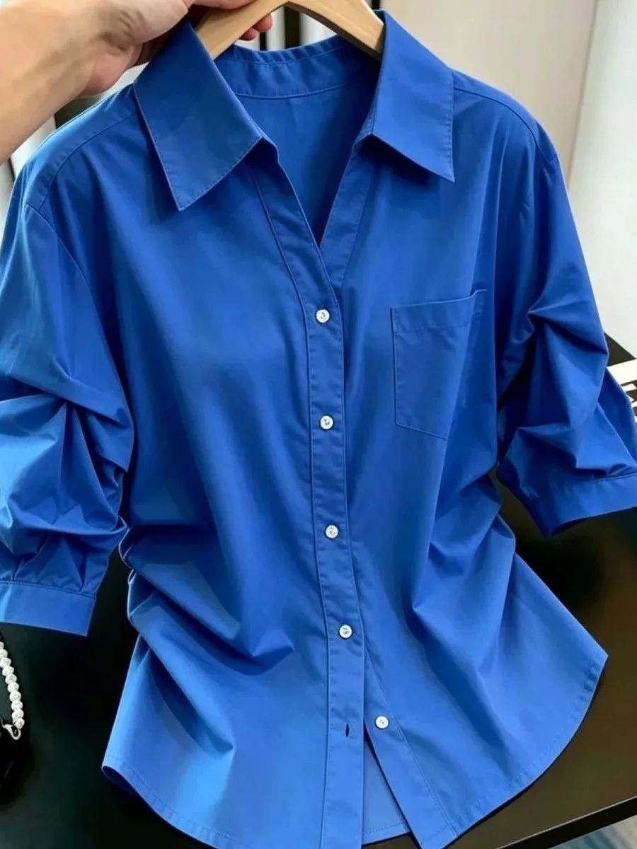 Elegant Blue Shirt Women's Spring Summer  Collar Slim Fit Casual Loose Style Button Detail Gathered Waist Design Top