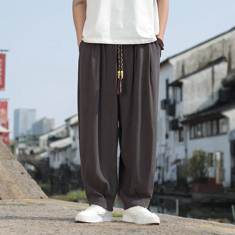 Chaopai 2024 Summer New Korean Versatile Linen Casual Pants Men's Trendy Loose Wide Leg Cotton Linen Straight Leg Pants