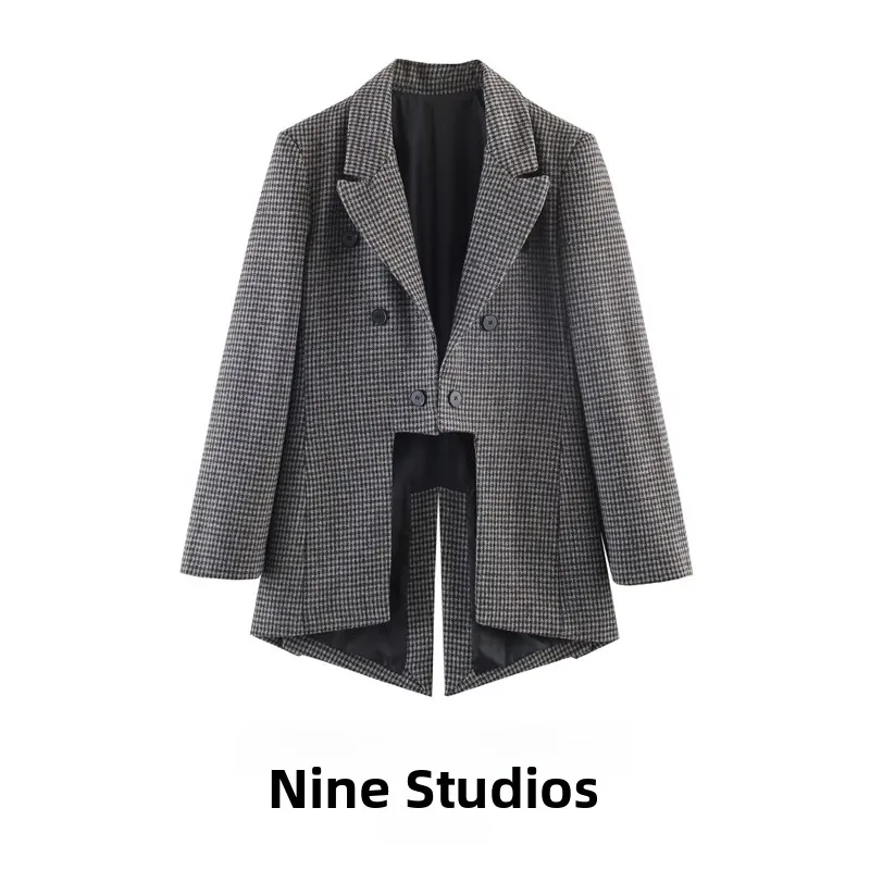 

Loose Double Breasted Plaid Asymmetric Hemline Women's Suit Jacket by NINE ZAR Long Sleeve Polyester Fiber Mid-Length Coat