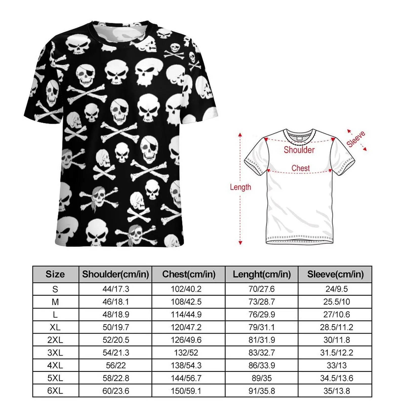 White Skull T Shirt Pirate Cross Bones Skulls Fashion T-Shirts Men EMO Casual Tee Shirt Beach Short Sleeve Tops Plus Size