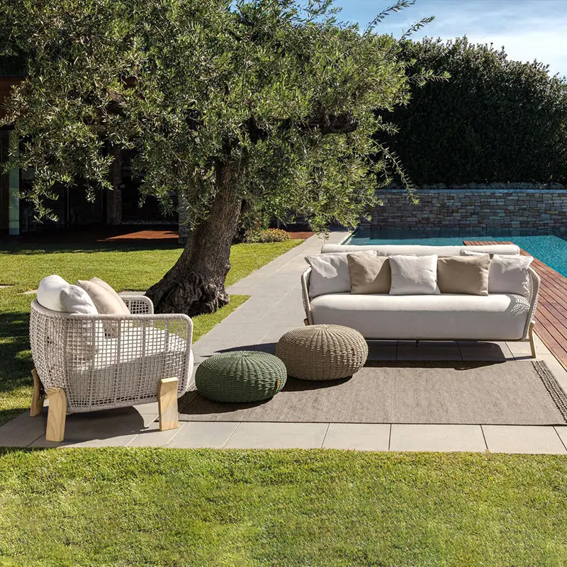 

Furniture tarp seat aluminum teak corner braided rope terrace garden sofa set with coffee table top