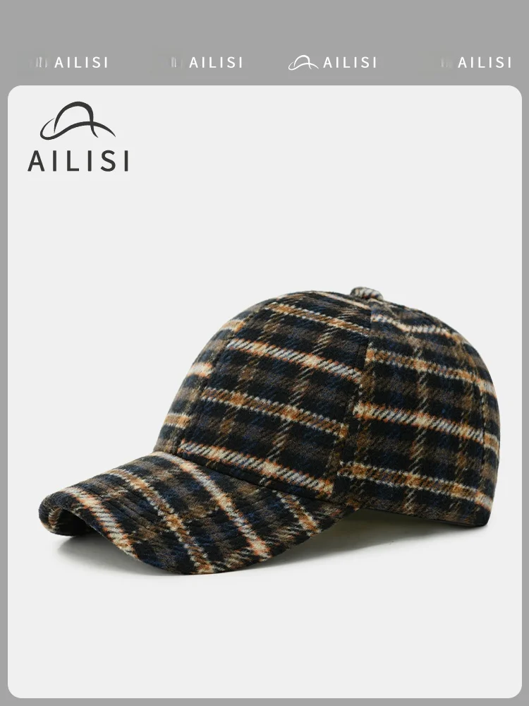 aii-チェック柄ウール野球帽-レディース-秋冬-暖かい-ファッション-韓国スタイル-つば広キャップ-英国スタイル-ユース-カジュアル帽子