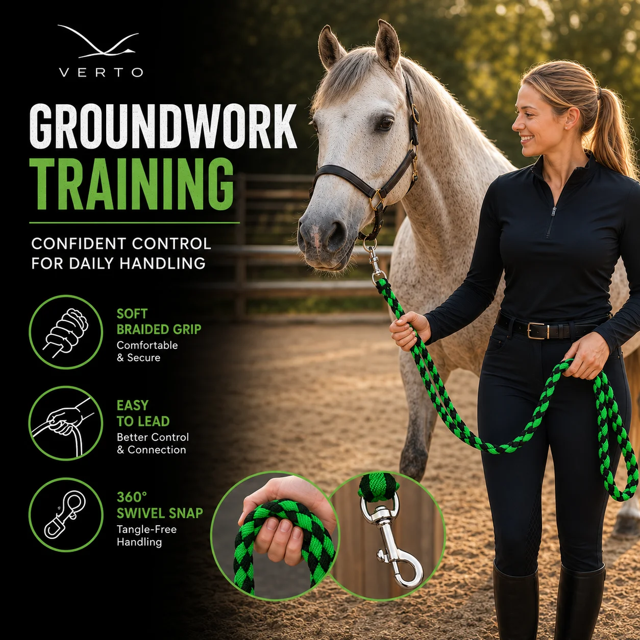 2.5m Soft Braided Horse Lead Rope Durable Nylon Equestrian Training Rope for Groundwork Stable Handling
