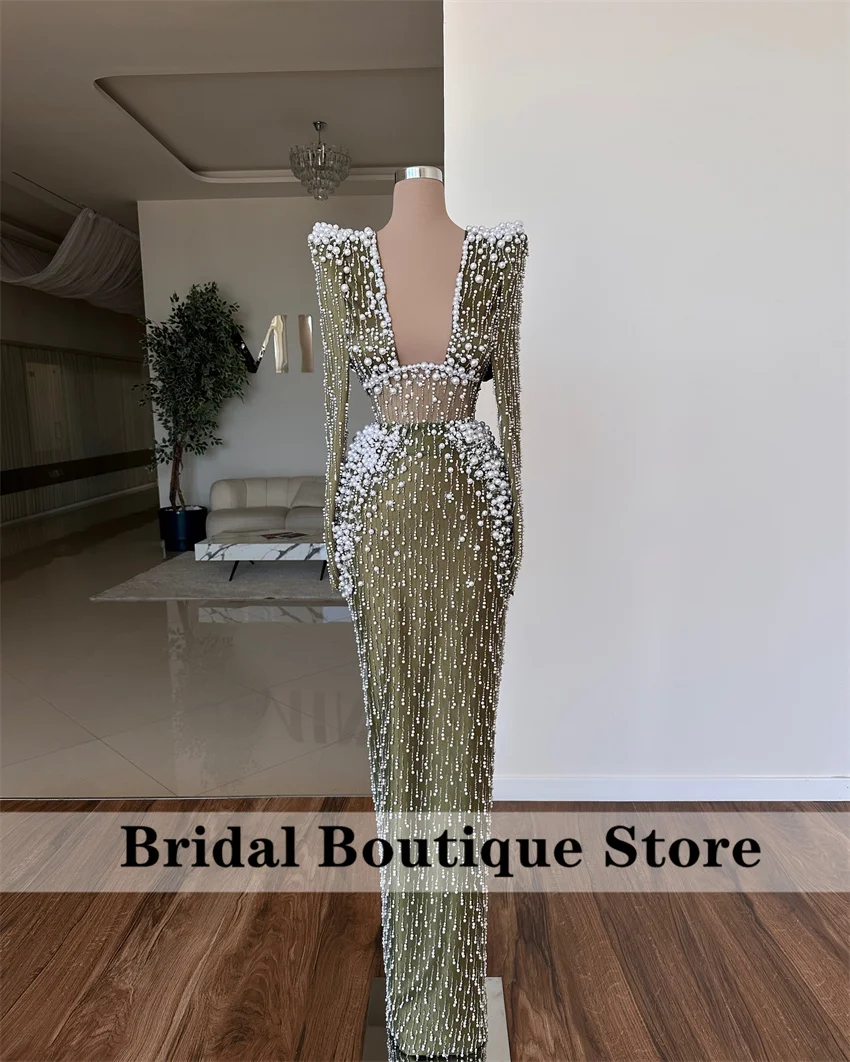 

Luxury Green Evening Dresses Prom Gowns Beading Crystals Pearls Wedding Party Dresses For Special Occasions Customized