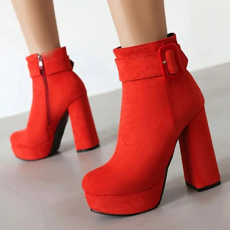 

Fashion Women's Ankle Boots High Heeled Platform Short Boot Female Buckle Flock Zipper Black Ladies Party Shoes Large Size 46