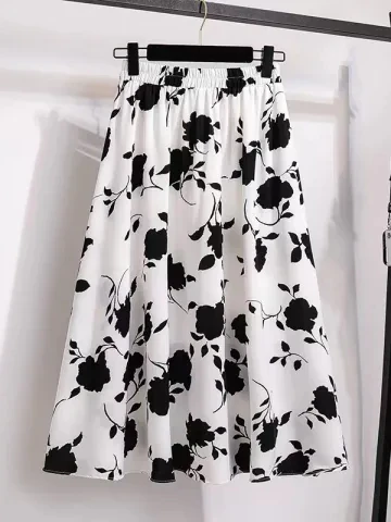 

Summer plus Size Women's Skirt Loose Mommy Style Mid-Aged Square Dance Skirt Elastic Waist Slimming Pleated Skirt Korean Styl...