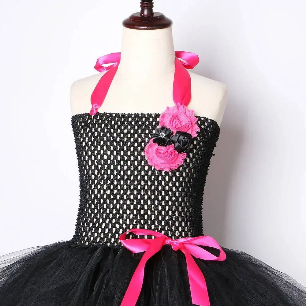 Baby Girls Hot Pink Black Cat Costumes for Kids Animal Halloween Outfit Little Kitty Ballet Tutu Dress with Ears Bowtie Tail Set