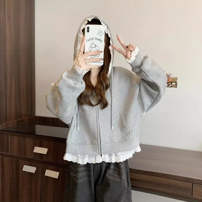

Серые кружевные женские топы с длинными рукавами и капюшоном Y2k, японская уличная одежда, корейская одежда, новинка, толстовки с капюшоном для женщин