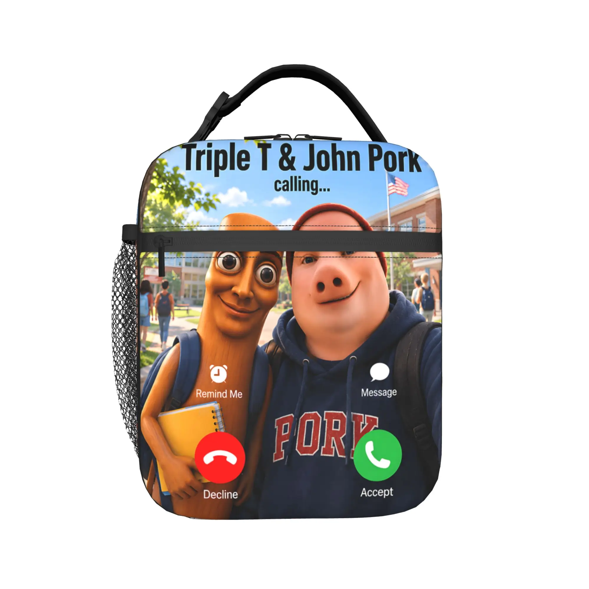 Triple T and John Pork Calling Brainrot Back to School Lunch Bag For Girls Lunch Box Office Cooler Bag Thermal Tote Handbags