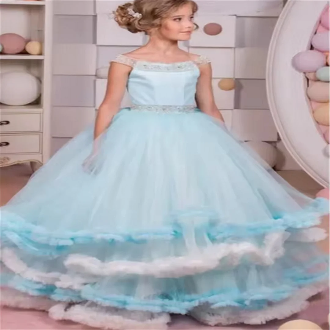 Fluffy Layering Tulle Lace Printing Flower Girl Dress Princess Ball First Communion Gowns Kids Birthday Gift Evening