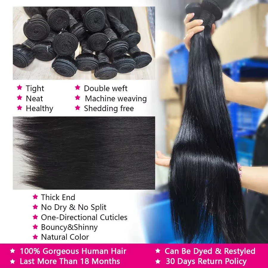 Straight Human Hair Bundles 10A Raw Hair Bundles 100% Human Hair Extensions Natural Black Brazilian Hair Weave Bundles for Women 20 22 24 Inch