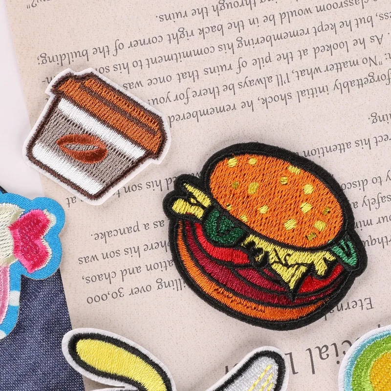 Cartoon Cake Fruit Pizza Patches Kids Clothing DIY Hand Ledger Hamburger Sticker Accessories Fusible Embroidery Ironing Patch