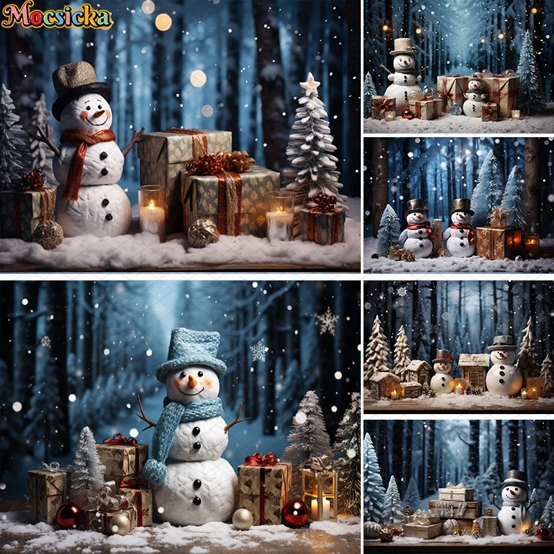 

Winter Christmas Snowman Backdrop Snowflake Xmas Tree Forest Gift Box Decor Kids Portrait Cake Smash Photography Backgrounds