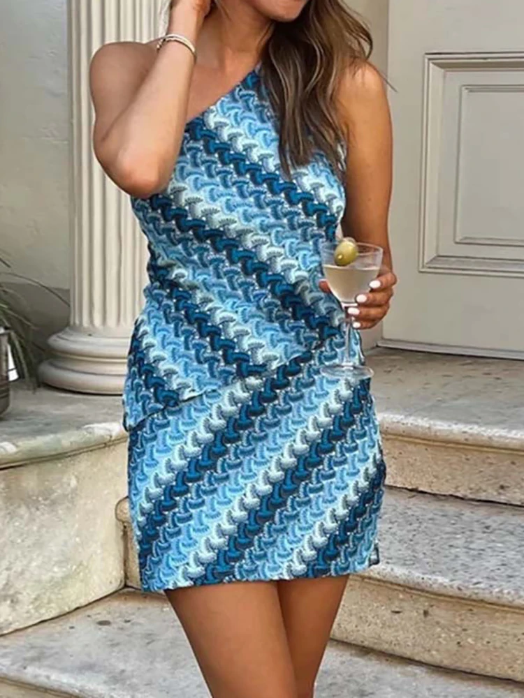 

Skew Collar Top Mini Skirts Two Piece Sets, Women Summer Hook Flower Hollow Chic Outfit, Sleeveless Fashion Simple Ladies Suits