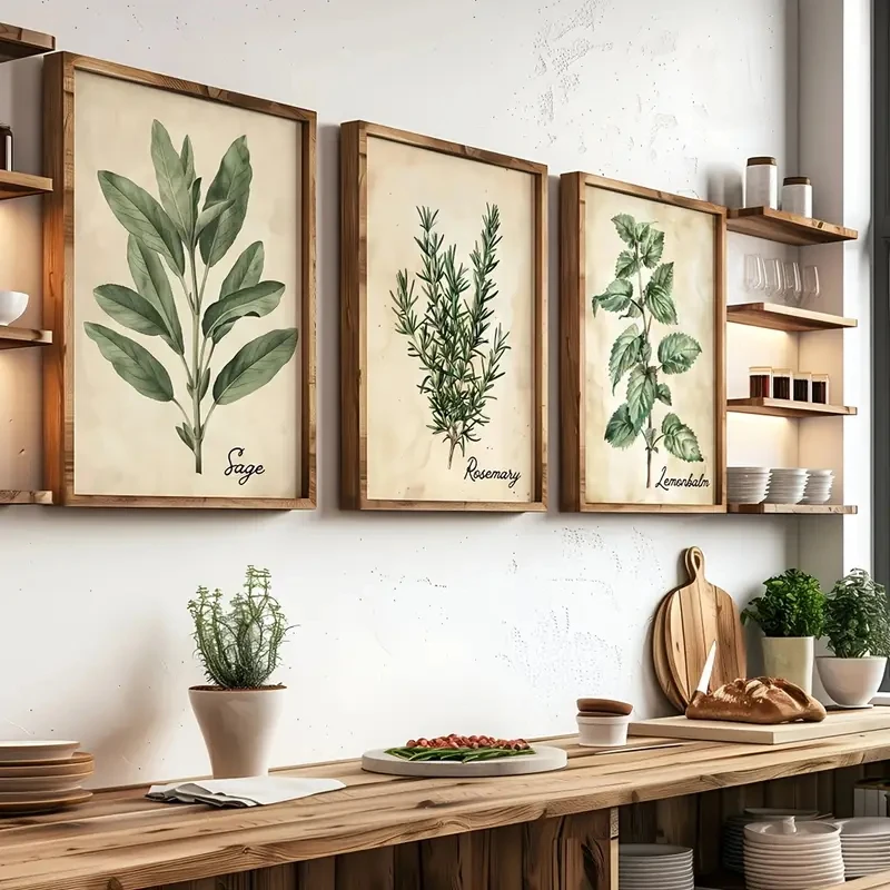 Poster Wall Art 3Pcs/Set Vintage Herbalist Herbal Leaf Canvas Modern Bedroom Decor, Kitchen Living Room Home Decor, Frameless