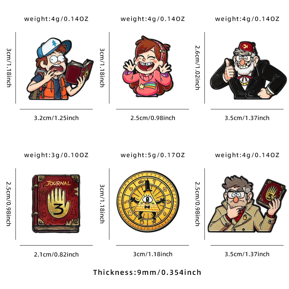 6Pcs Gravity Falls Cartoon Enamel Brooch Pins Set, Dipper Mabel Bill Cipher Lapel Badges, Metal Pins for Backpack Decoration
